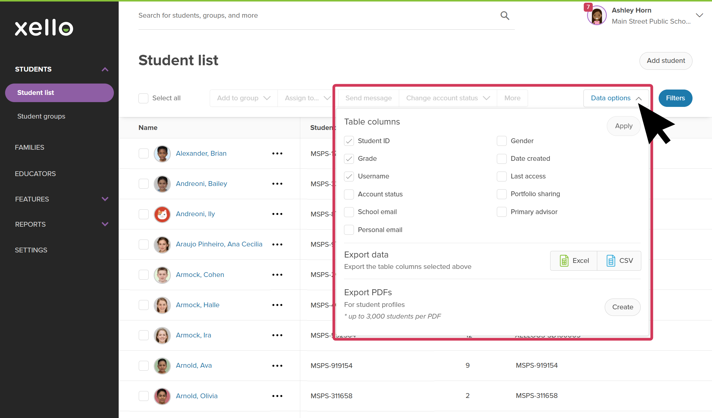Student list is open. The cursor has clicked and opened the Data options menu where there are table columns that can be selected and added.